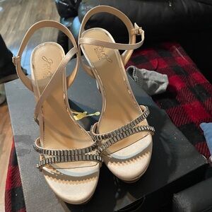 Jewel Badgley Mischka Cream Heels with Rhinestone Straps